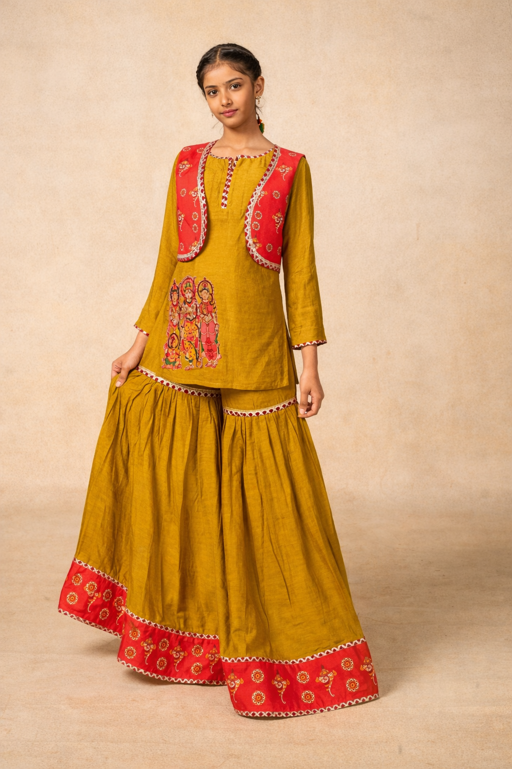 Ram Van olive kurta + Sharara +jacket set (set of 3)