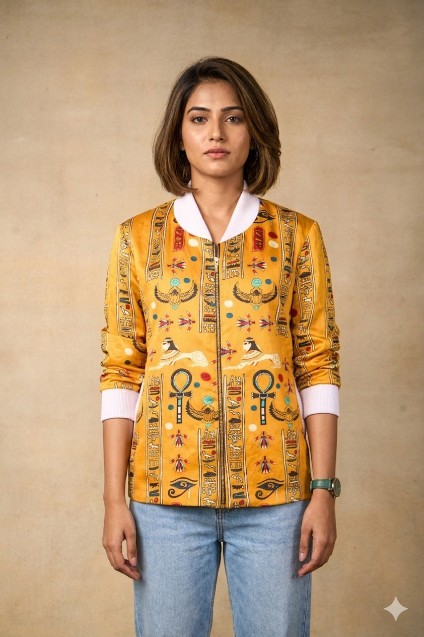 Sacred Symbols yellow bomber jacket - woman