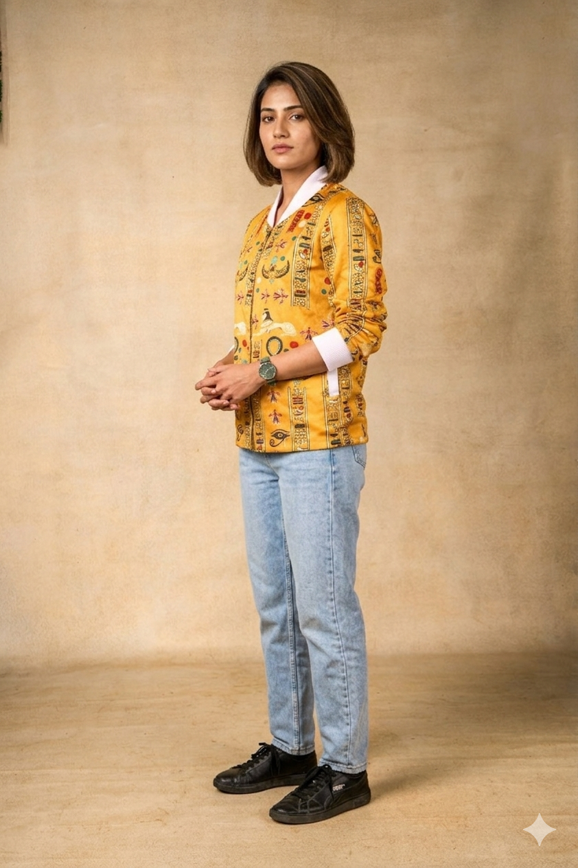 Sacred Symbols yellow bomber jacket - woman