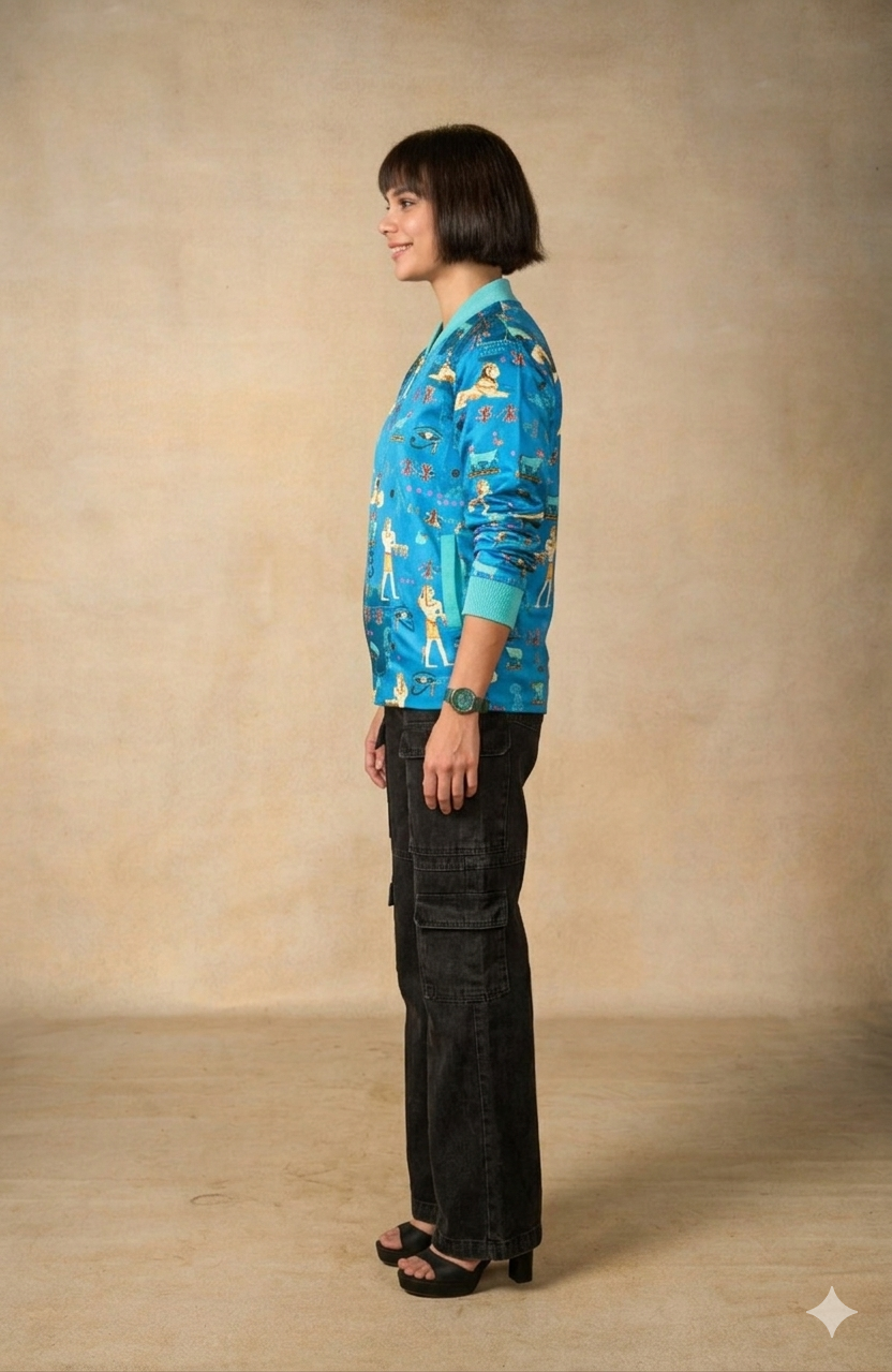 Sacred Symbols blue bomber jacket - woman