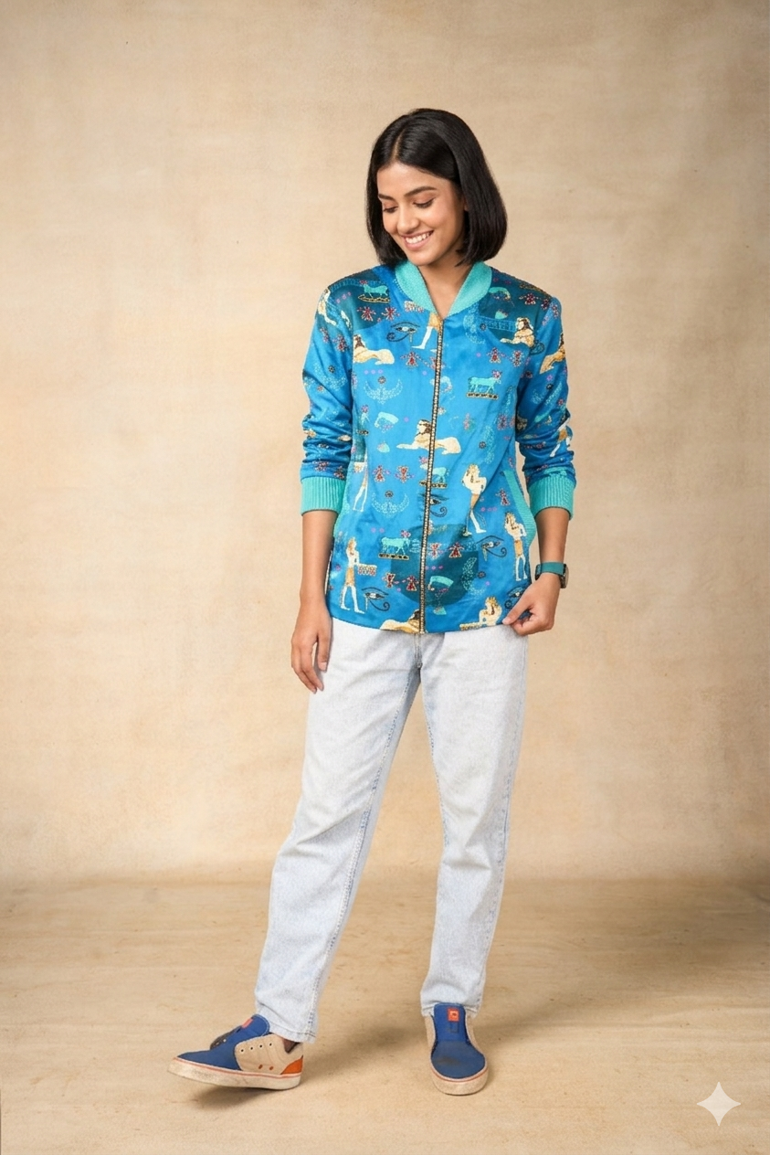 Sacred Symbols blue bomber jacket - woman