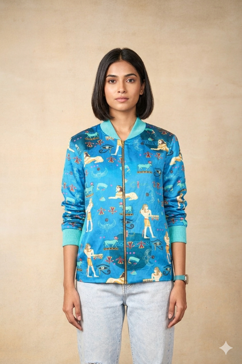 Sacred Symbols blue bomber jacket - woman