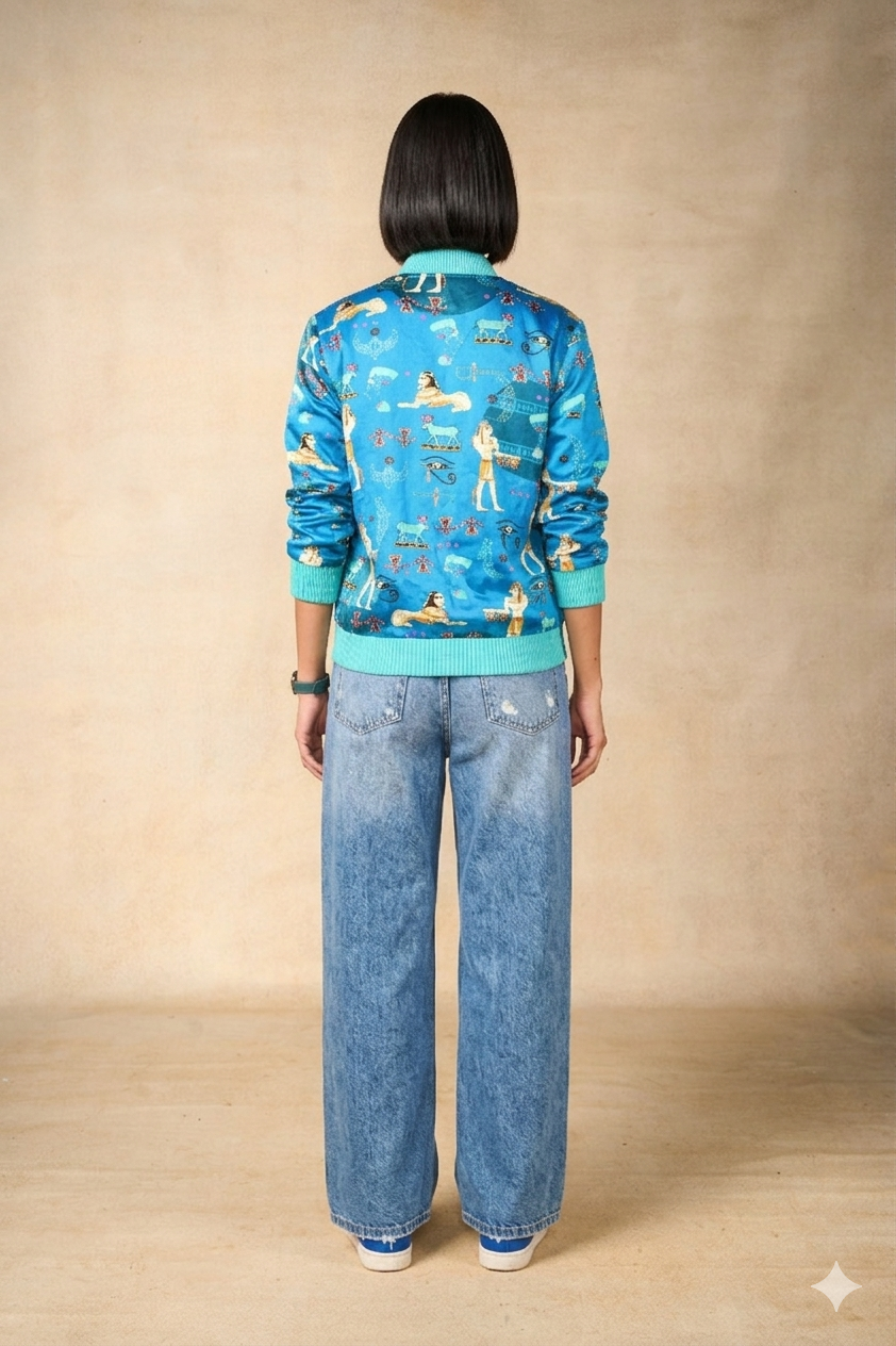 Sacred Symbols blue bomber jacket - woman
