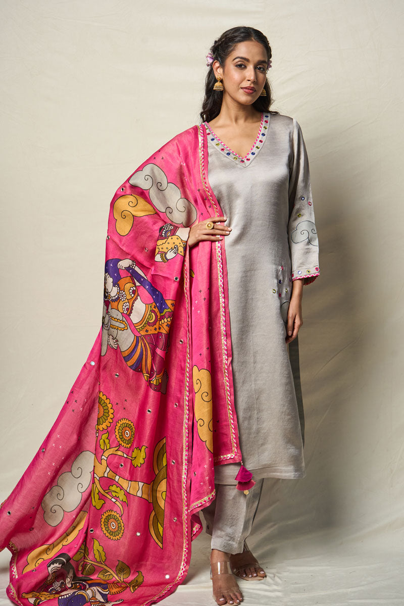 MEGHDOOT GREY KURTA + SALWAR + DUPATTA (SET OF 3)