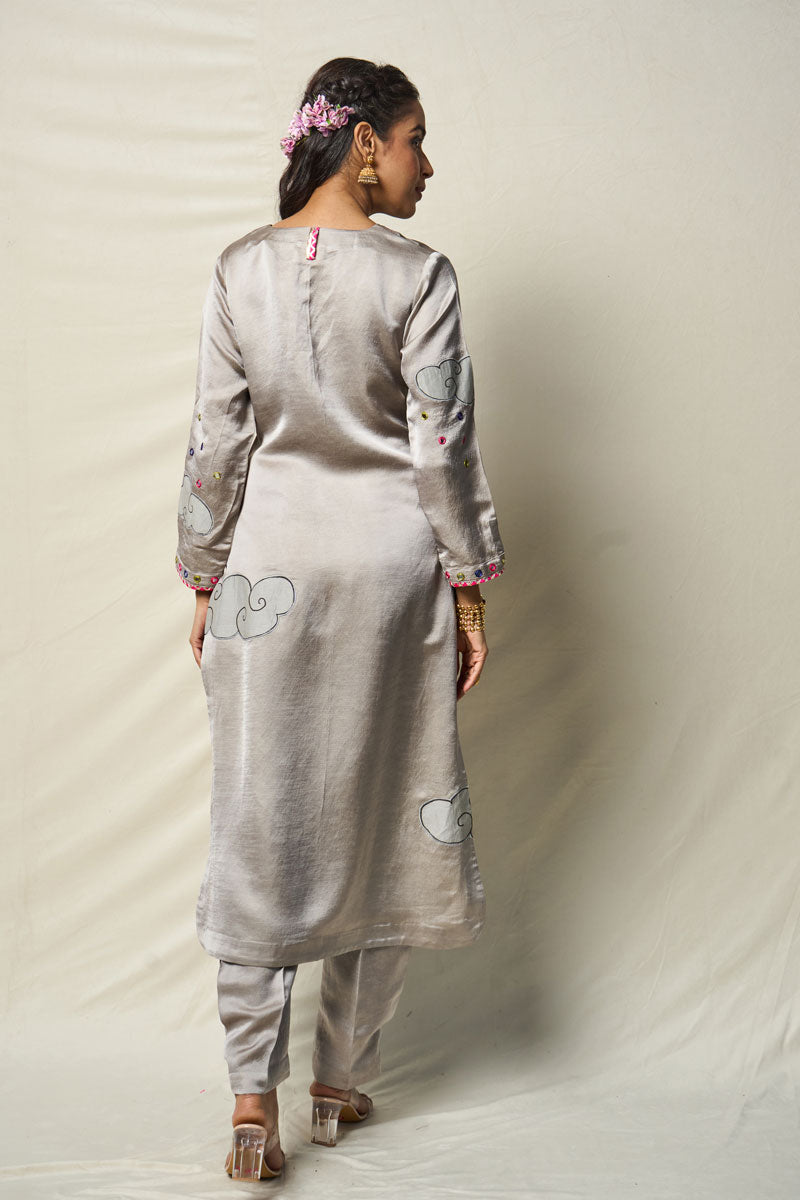 MEGHDOOT GREY KURTA + SALWAR + DUPATTA (SET OF 3)