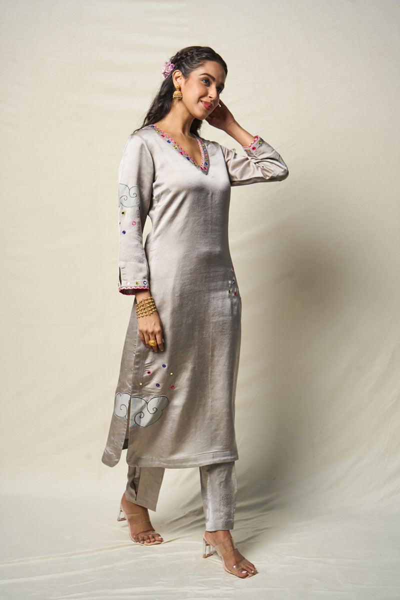 MEGHDOOT GREY KURTA + SALWAR + DUPATTA (SET OF 3)