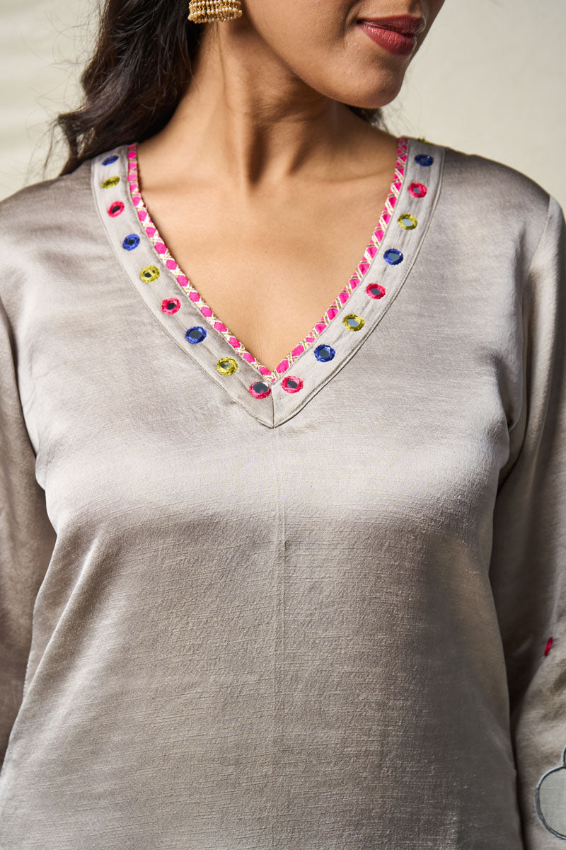 MEGHDOOT GREY KURTA + SALWAR + DUPATTA (SET OF 3)