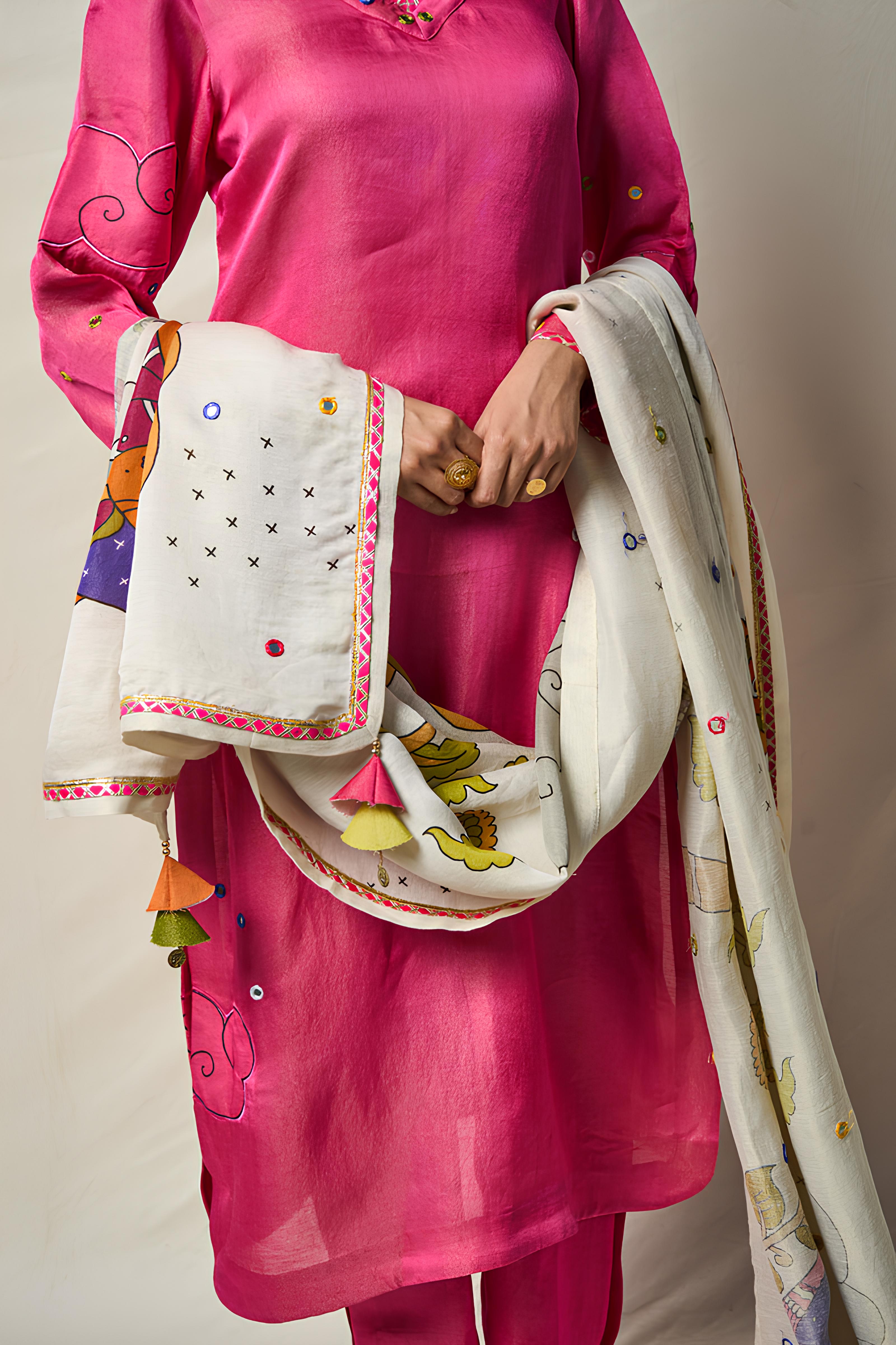 MEGHDOOT PINK KURTA + SALWAR + DUPATTA (SET OF 3)