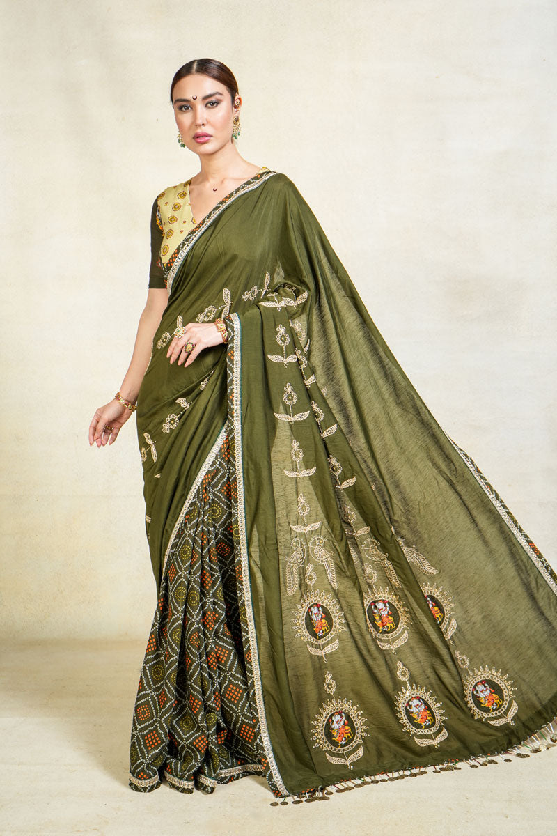 MITHU-GAJANAN GREEN EMBROIDERED SAREE