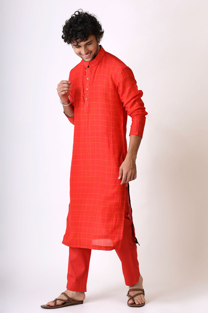 PREM RED CHECKS KURTA PANT SET (set of 2)