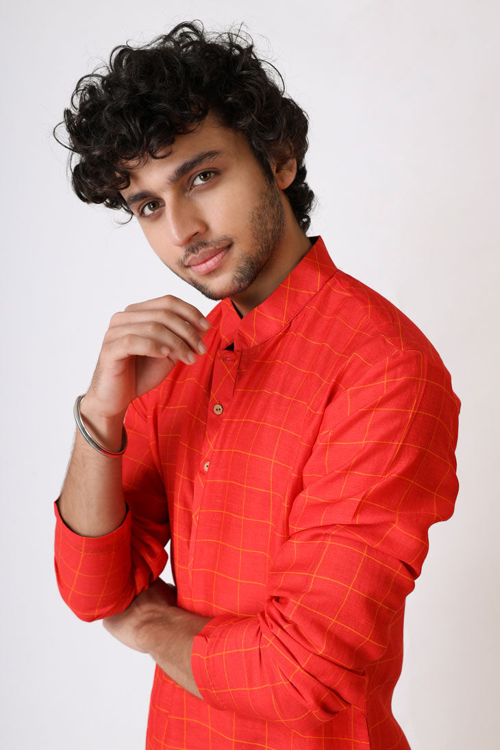 PREM RED CHECKS KURTA PANT SET (set of 2)