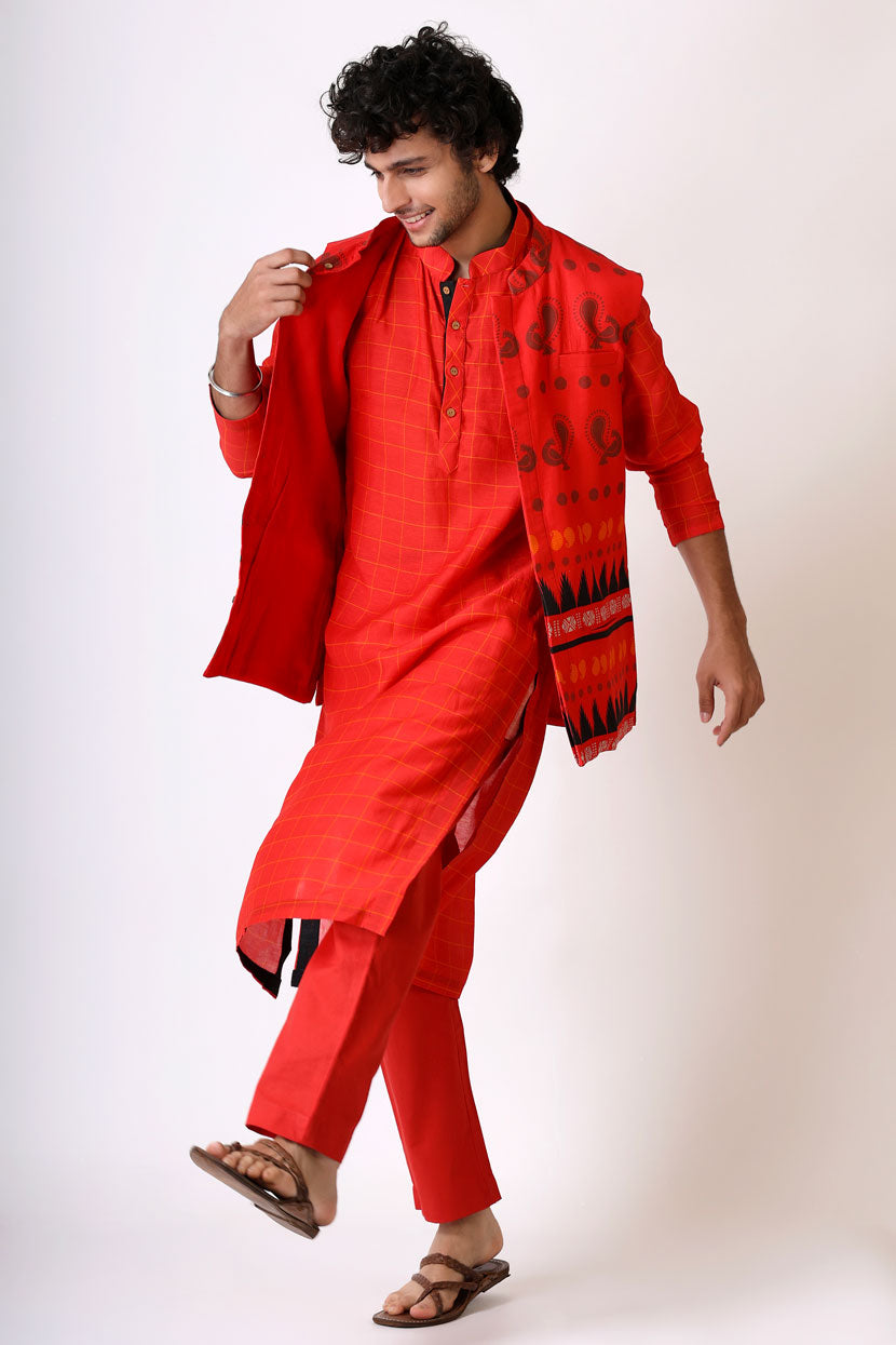 PREM RED CHECKS KURTA PANT SET (set of 2)