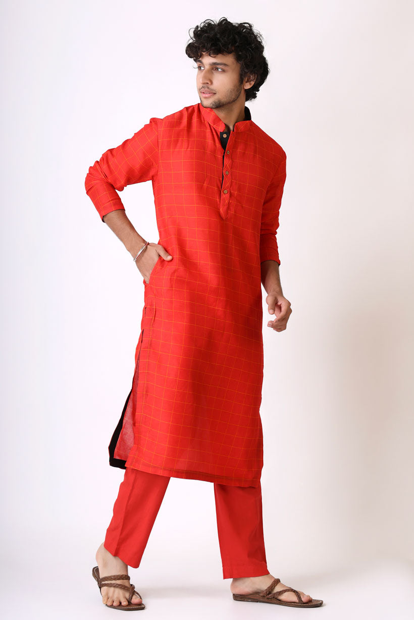 PREM RED CHECKS KURTA PANT SET (set of 2)