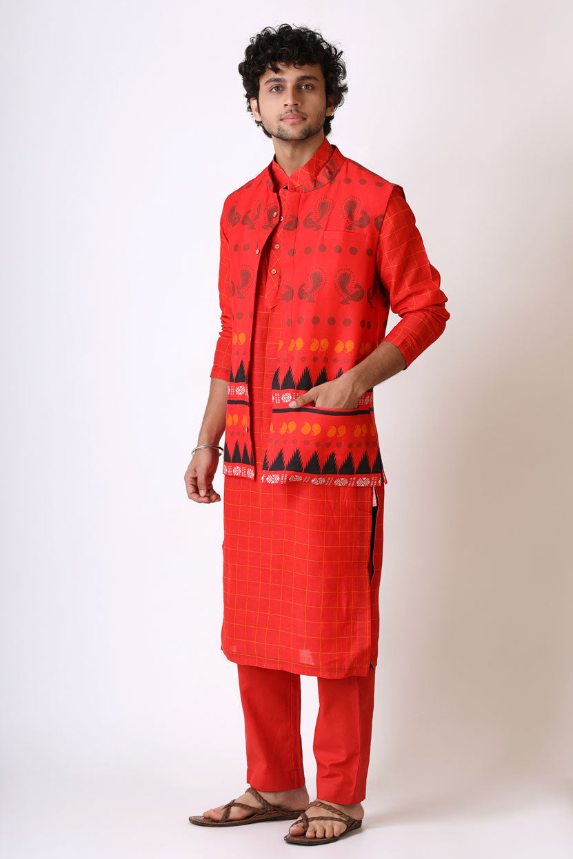 PREM RED MAYIL SET ( kurta + pant + jacket )
