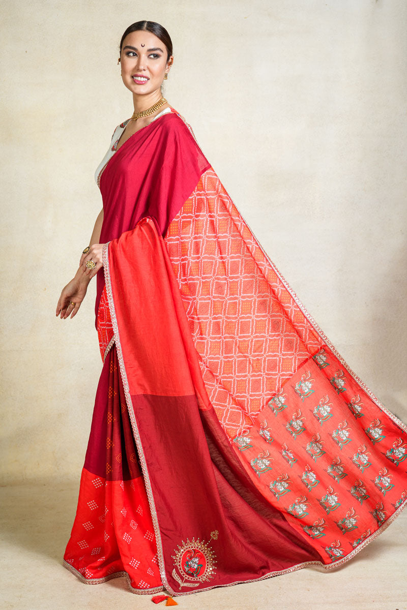 MITHU-GAJANAN RED PATCHWORK SAREE