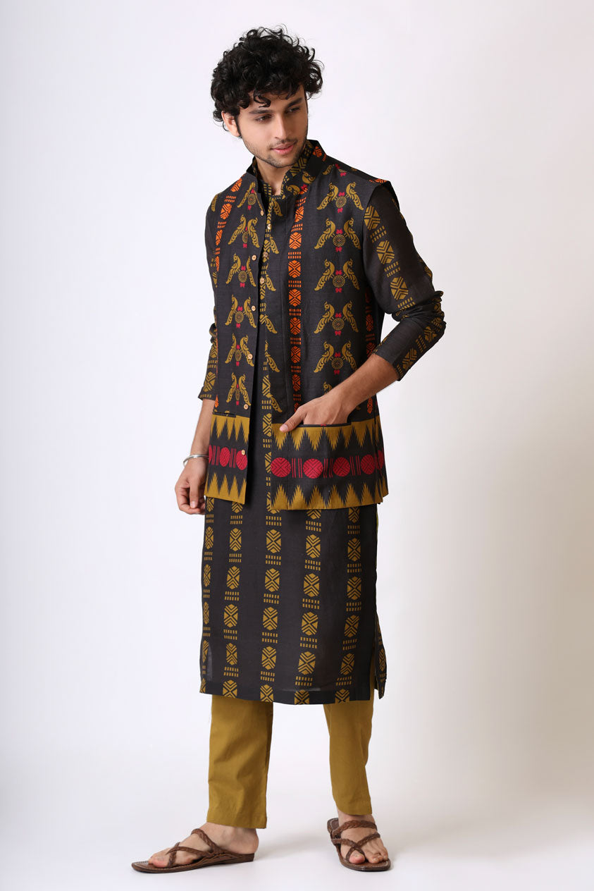 SANGHARASH BLACK MAYIL SET (kurta + pant + jacket)