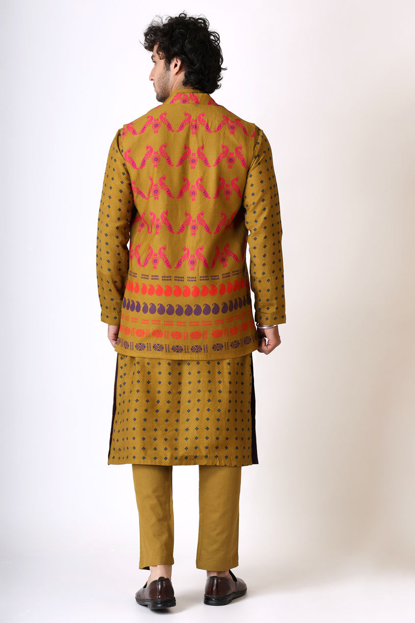 SMRITI OLIVE MAYIL SET ( kurta + pant + jacket )