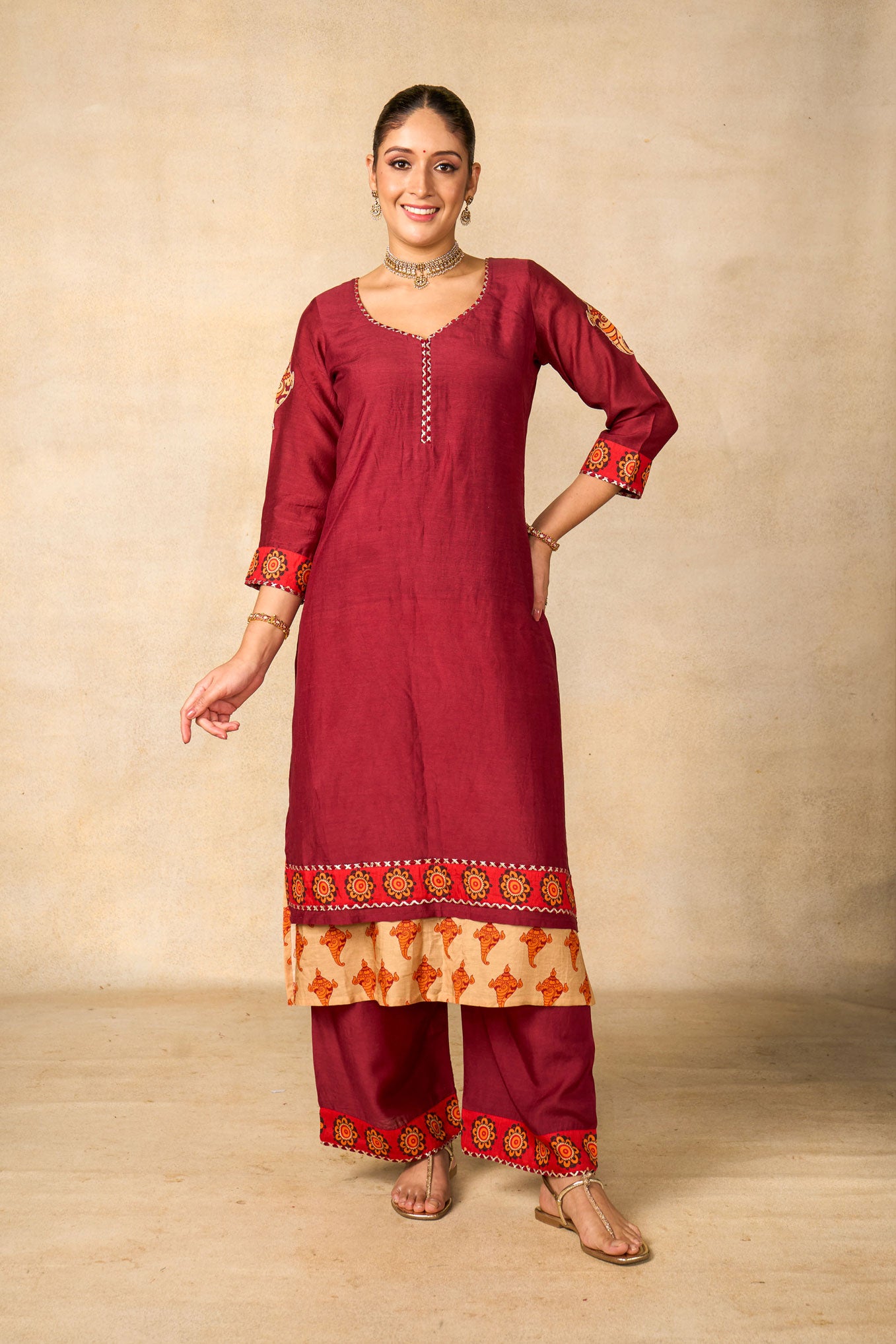 Janaki Jaal maroon set of 3 ( kurta + palazzo + dupatta )