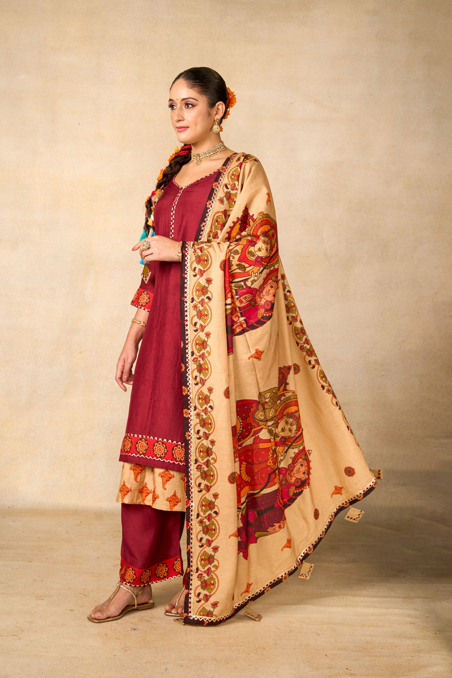 Janaki Jaal maroon set of 3 ( kurta + palazzo + dupatta )