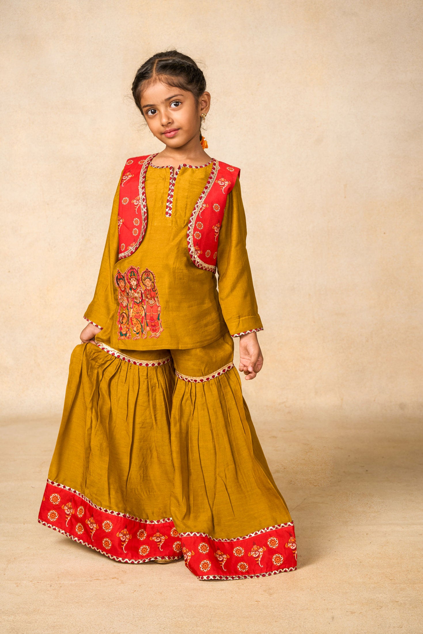 Ram Van olive kurta + Sharara +jacket set (set of 3)