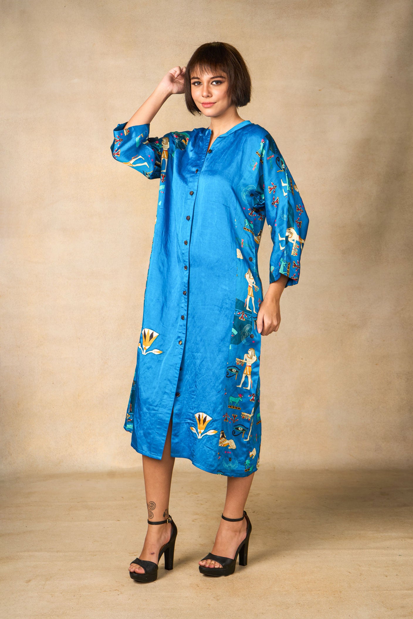 Pharoah appliqué shirt dress- blue