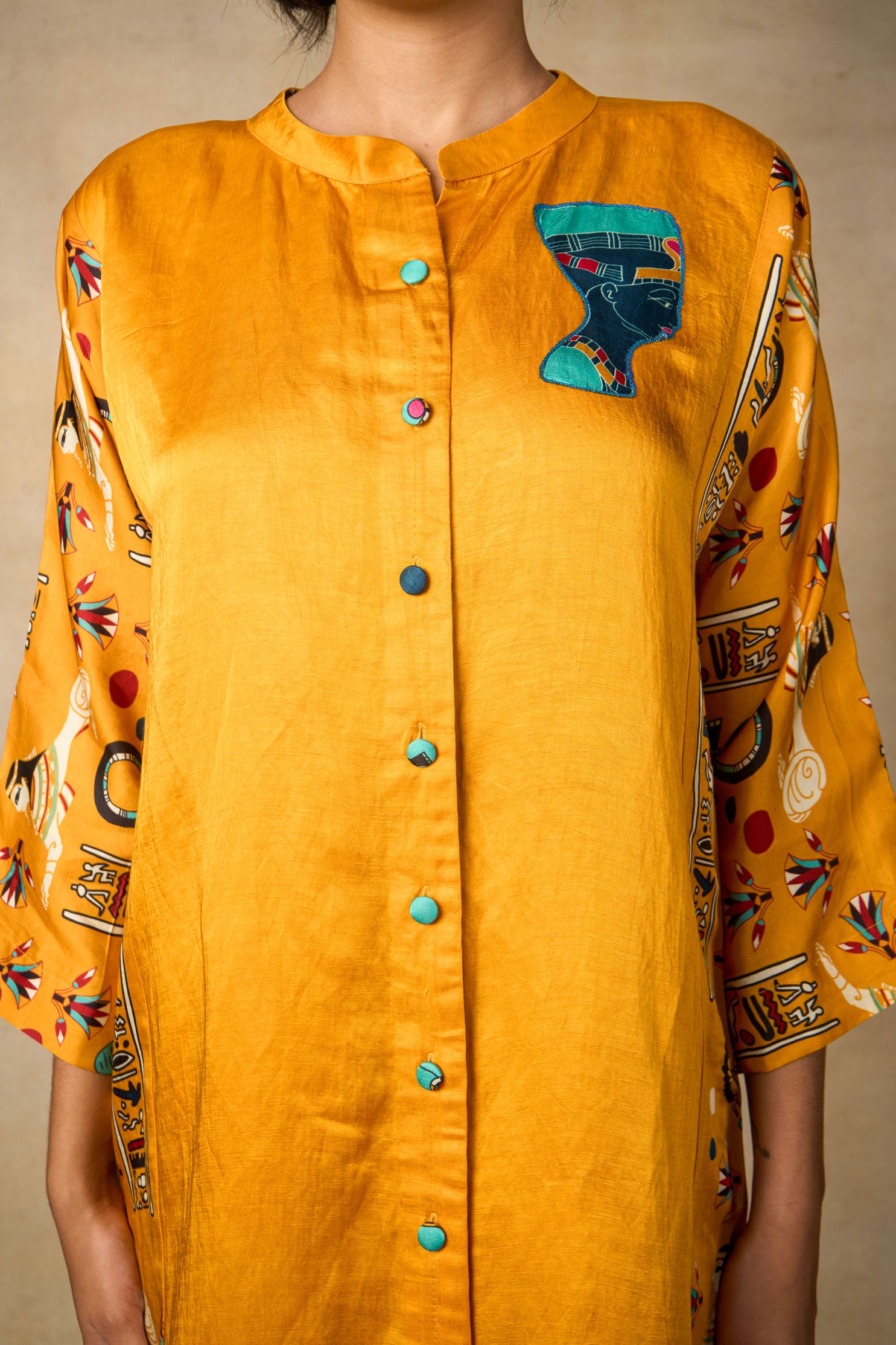 Pharoah appliqué shirt dress- yellow