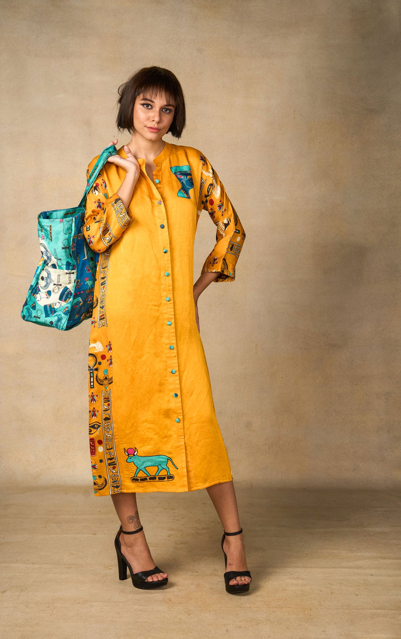 Pharoah appliqué shirt dress- yellow