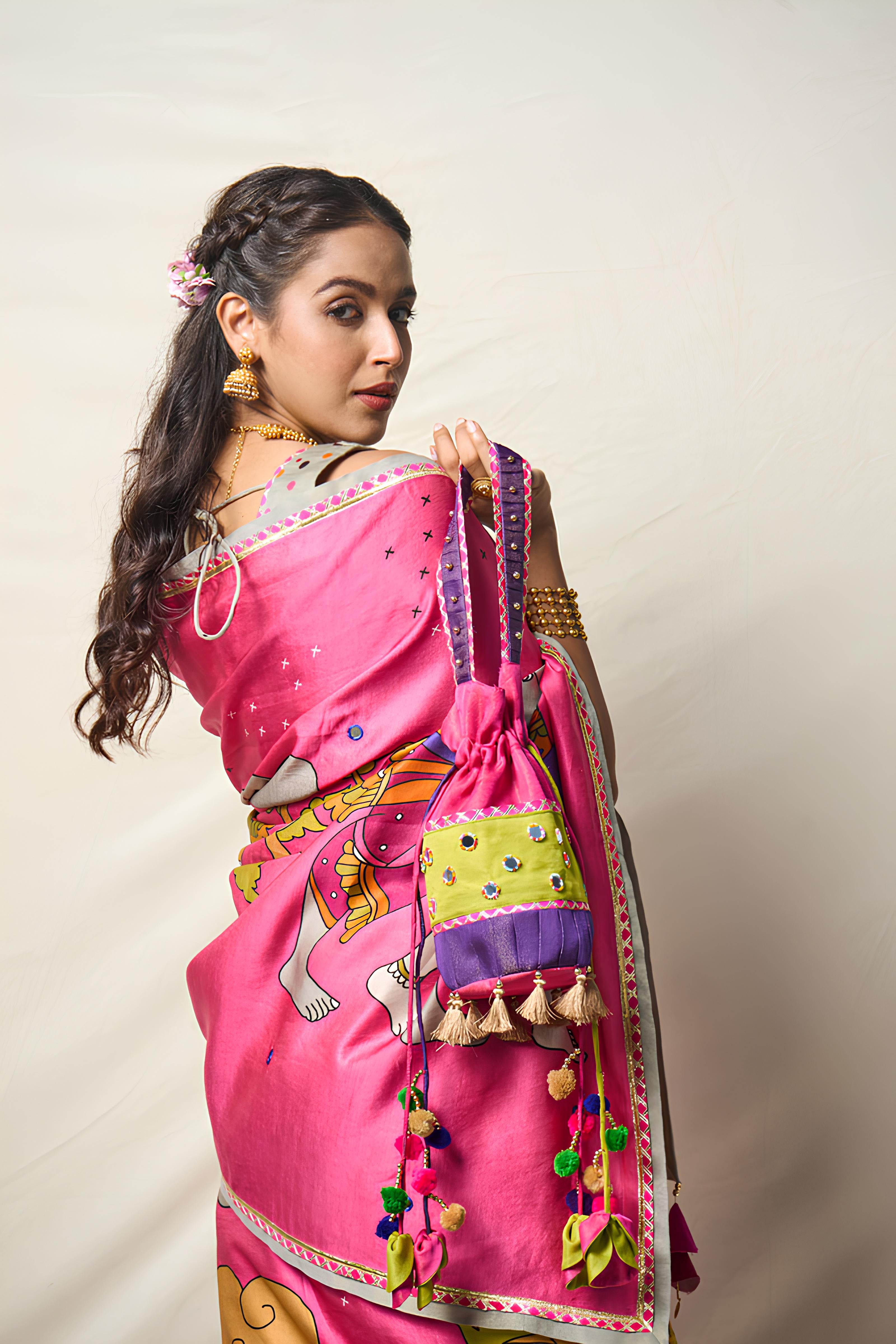 TRI COLOR PINK MIRROR POTLI