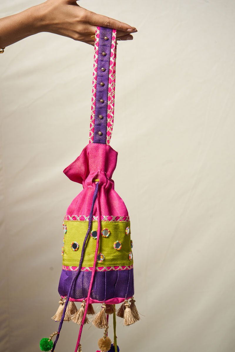 TRI COLOR PINK MIRROR POTLI