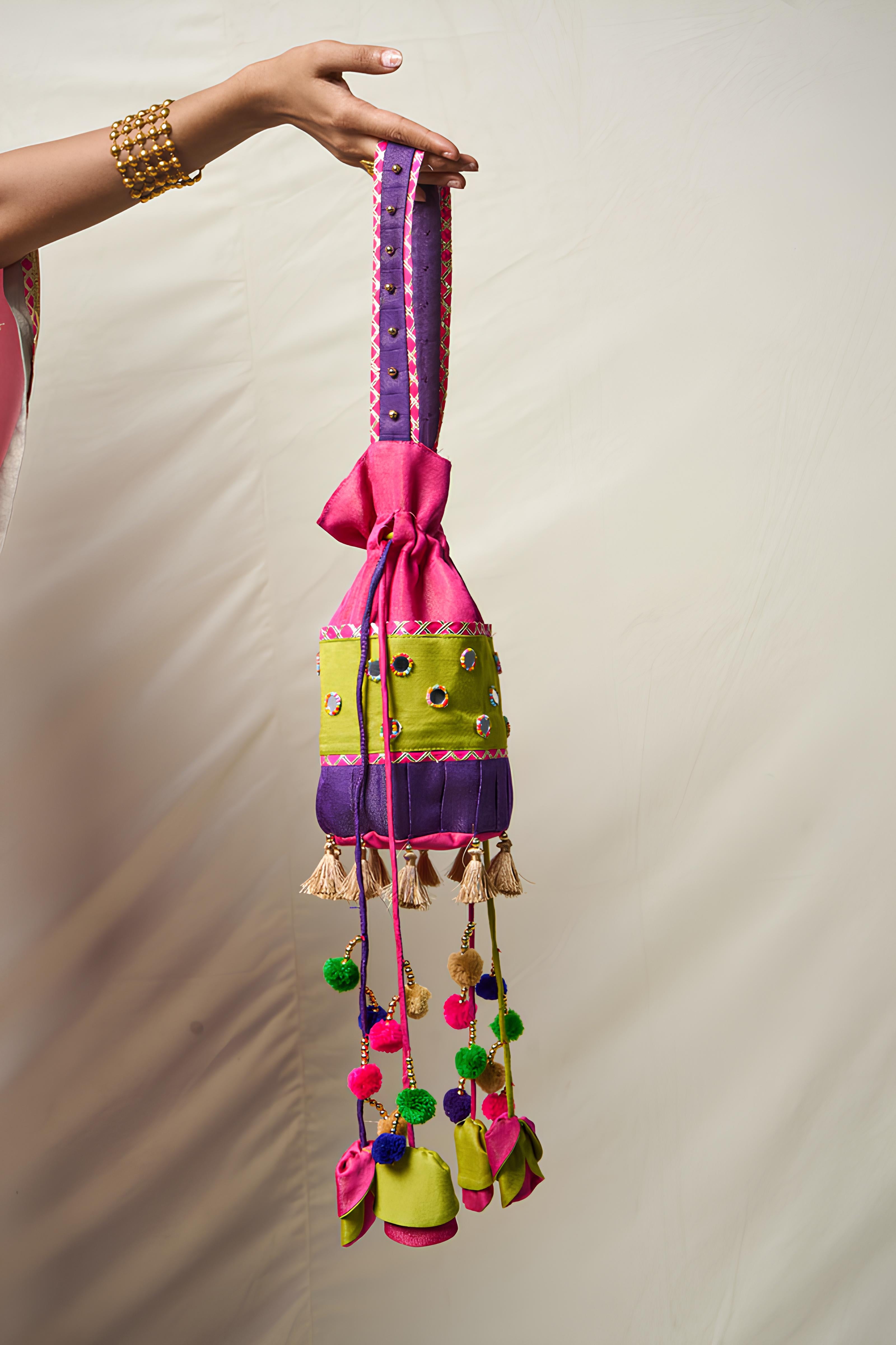 TRI COLOR PINK MIRROR POTLI