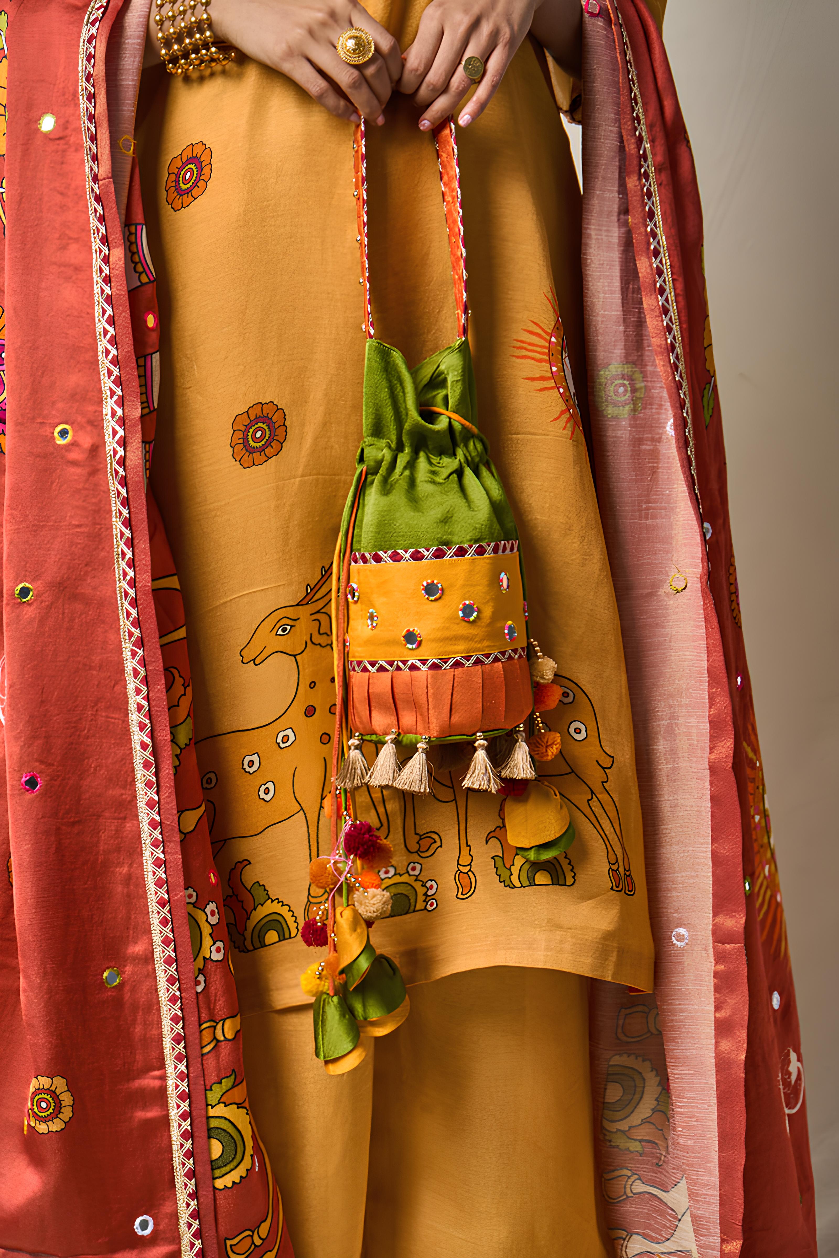 TRI COLOR GREEN MIRROR POTLI