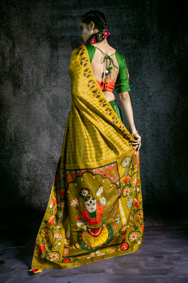 SHRINATHJI DARBAR CHANDERI OLIVE DUPATTA