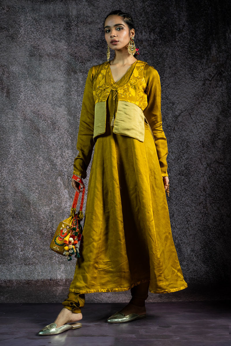 BHAKT ANGARKHA METALLIC OLIVE SET WITH JACKET ( SET OF 3 )