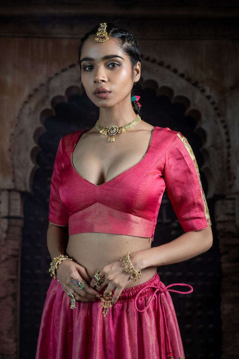 SHRINTAHJI DARBAR CHNADERI GULABI LEHENGA SET ( SET OF 3 )