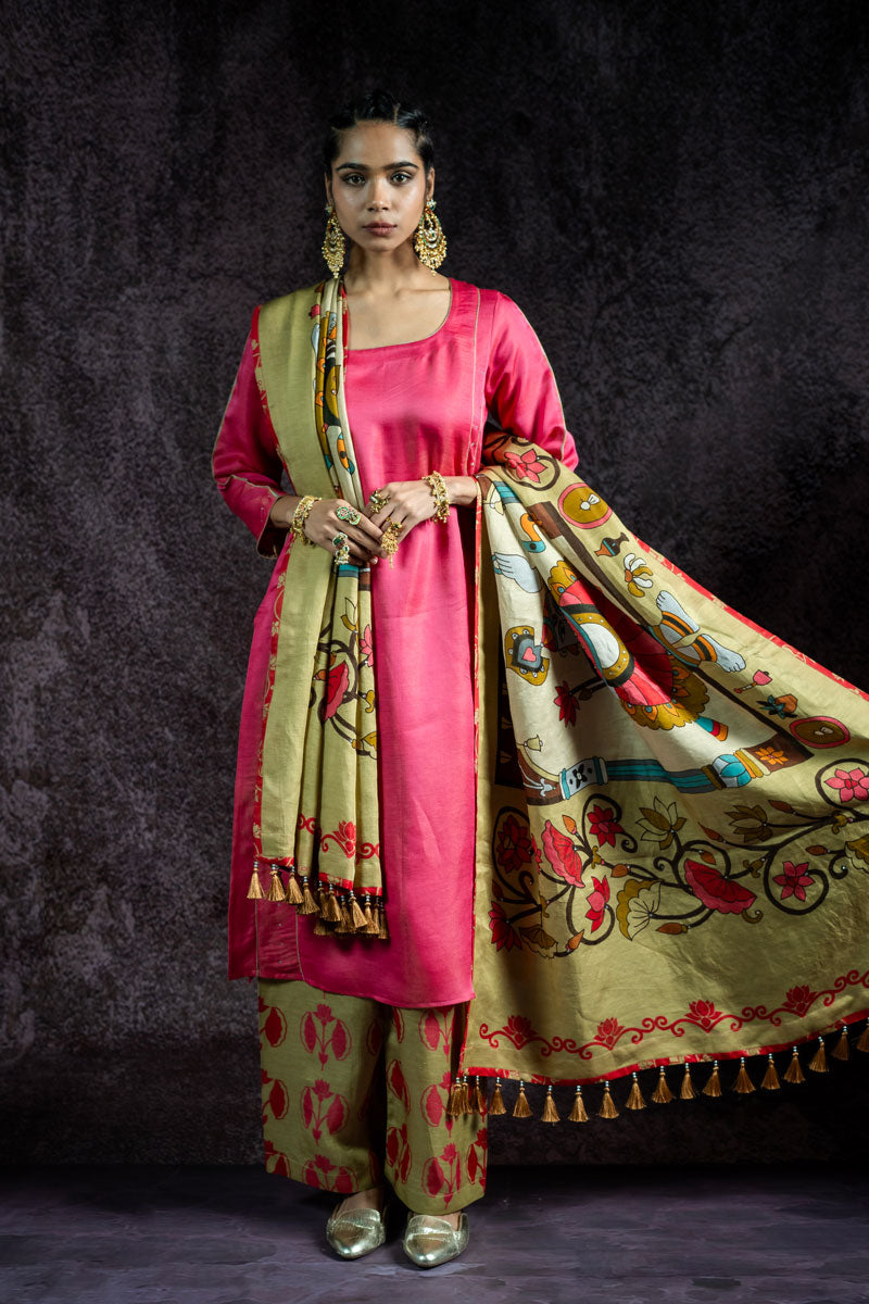 KUNDAN GULABI METALLIC SET OF 3 - KURTA + PALAZZO + DUPATTA