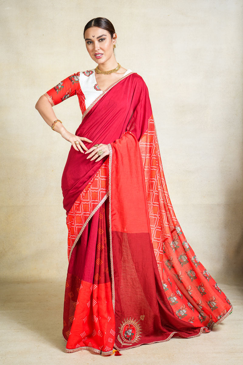 MITHU-GAJANAN RED PATCHWORK SAREE