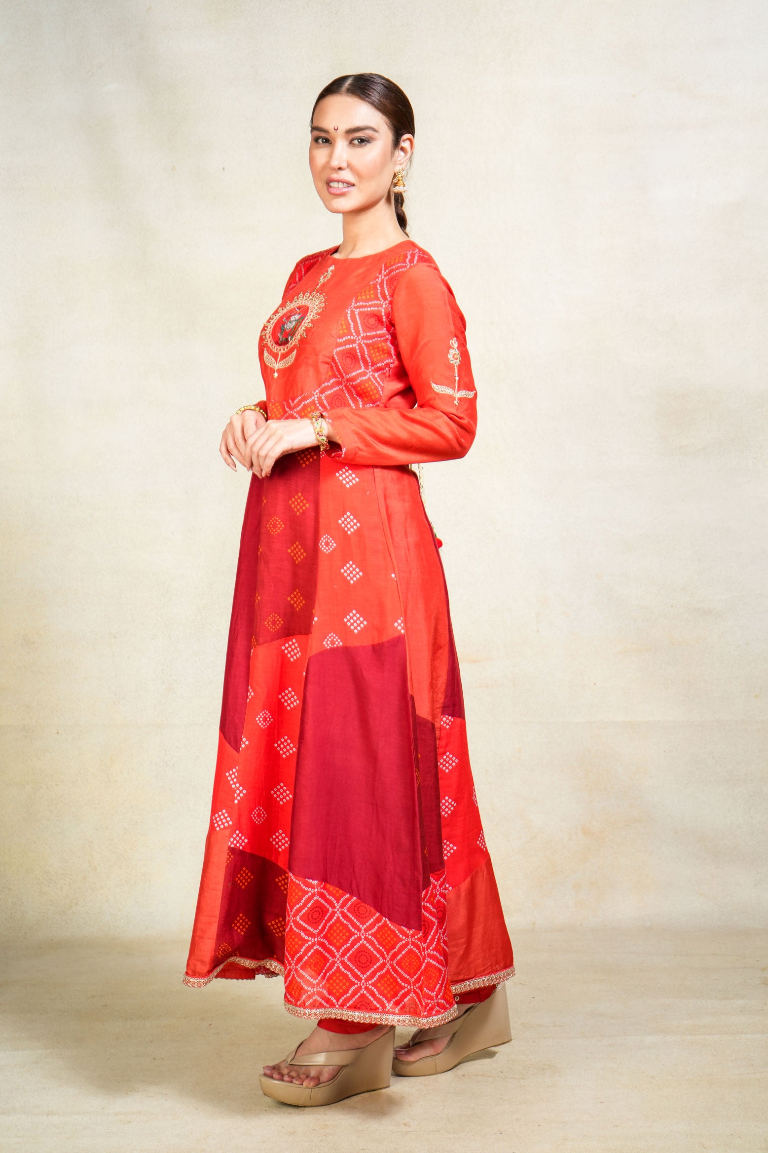 Varenya red anarkali + churirdar + dupatta (set of 3)