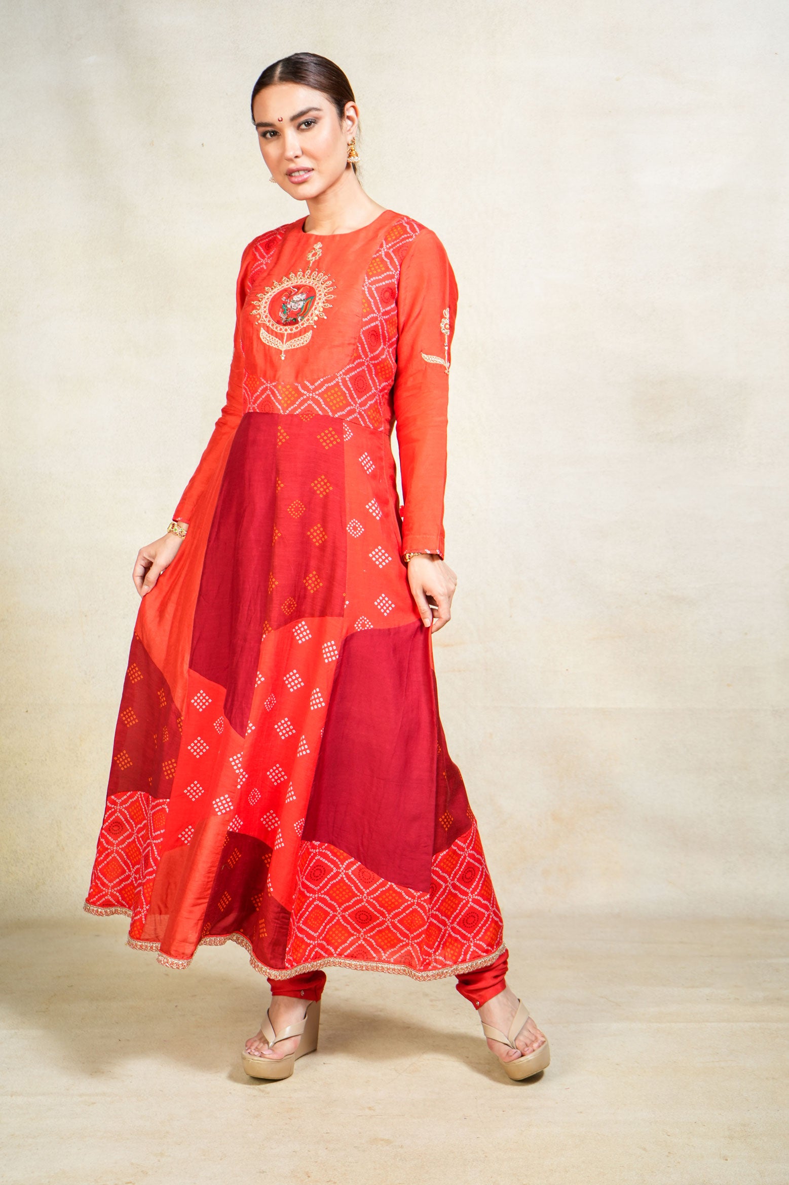 Varenya red anarkali + churirdar + dupatta (set of 3)