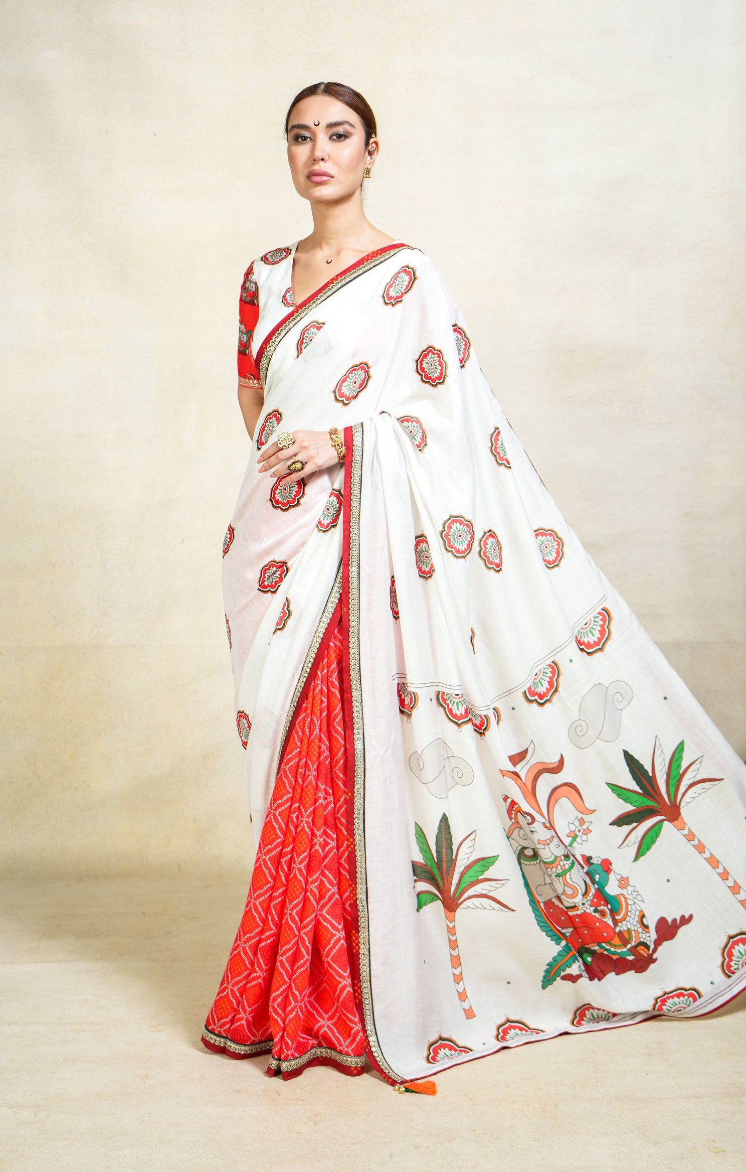 SUMUKH WHITE+ RED SAREE