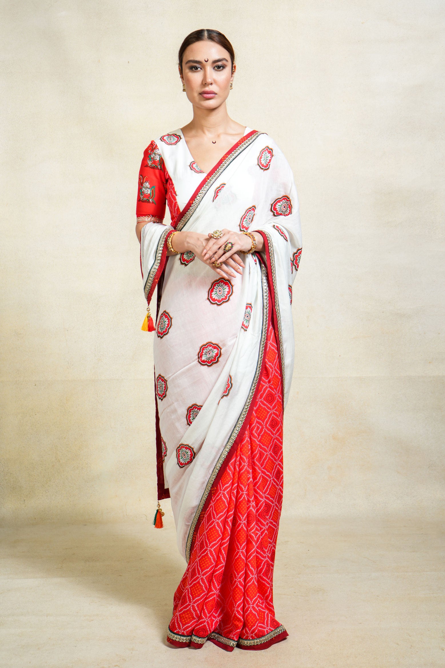 SUMUKH WHITE+ RED SAREE