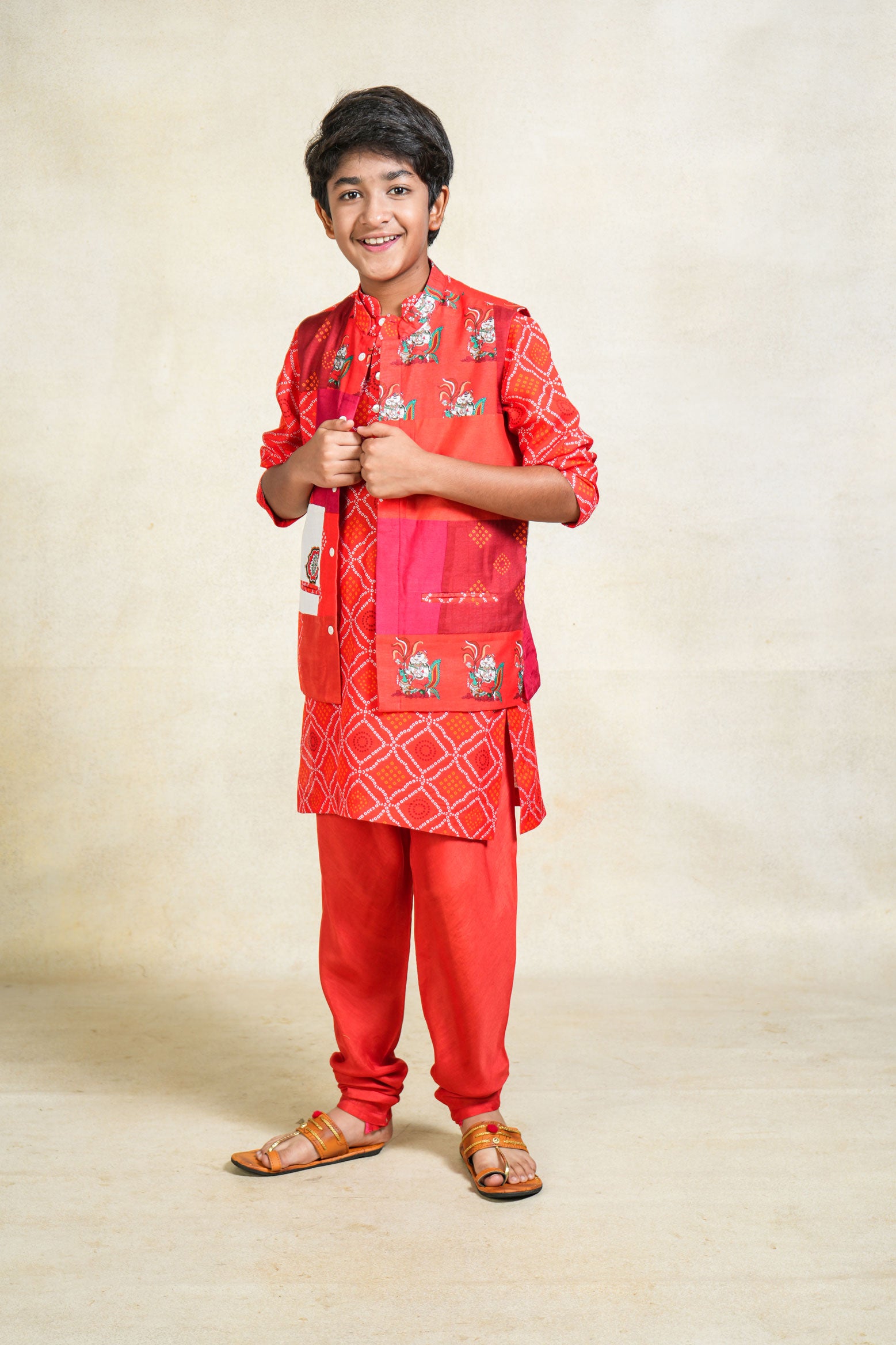 Bappa red Kurta + pant + jacket ( set of 3 )