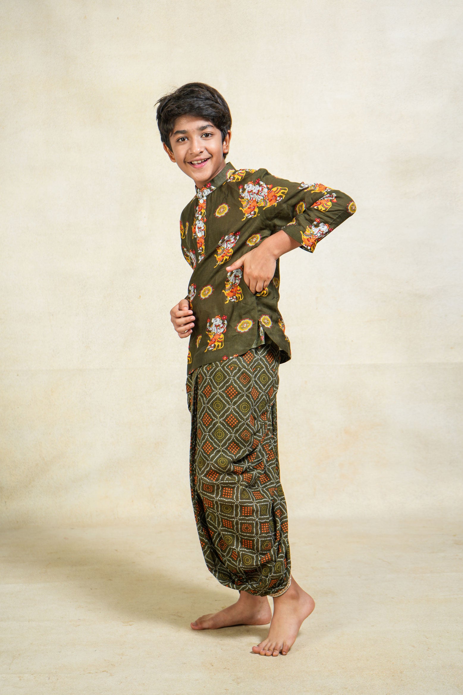 Bal Ganesh green kurta + stitched dhoti set ( set of 2)