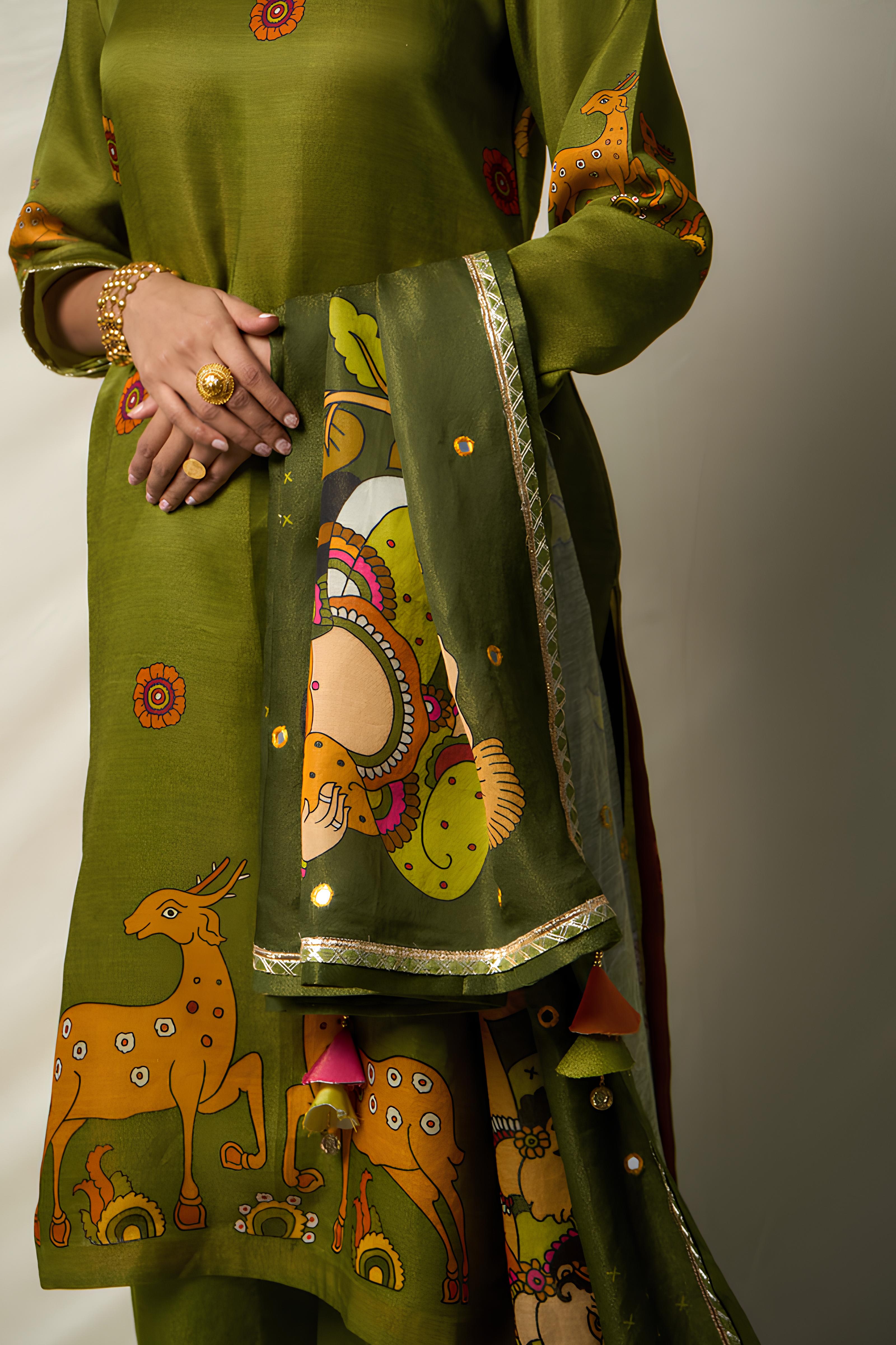 VANA MRIGA GREEN KURTA + PALAZZO + DUPATTA (SET OF 3)