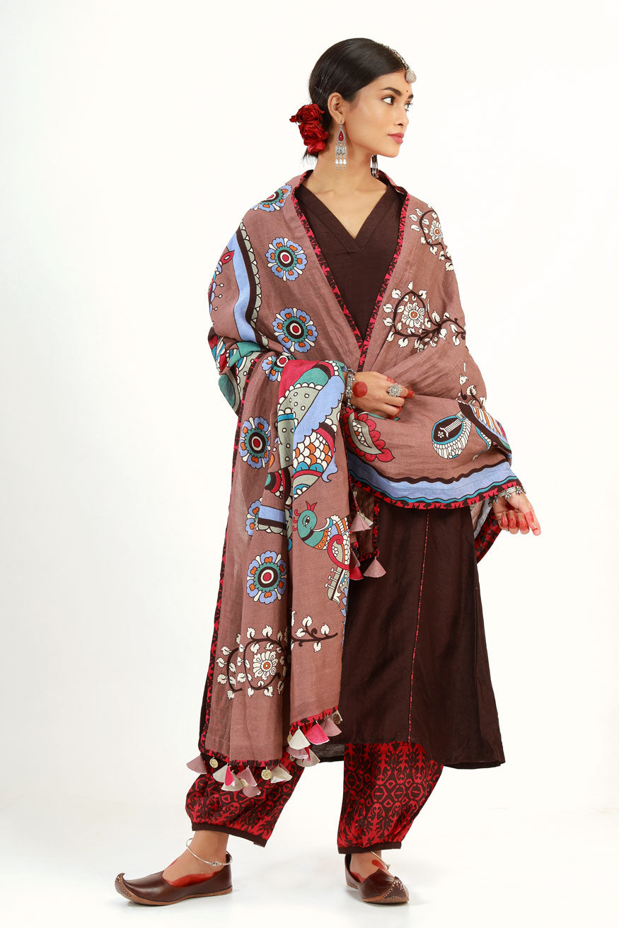 Coffee Saraswati Set + Brahmi dupatta ( set of 3 )