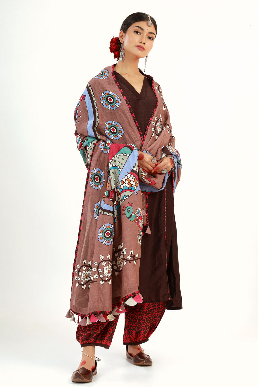 Coffee Saraswati Set + Brahmi dupatta ( set of 3 )