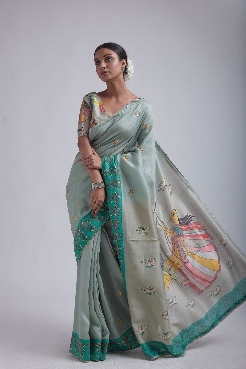 Blue- Green jhoola saree
