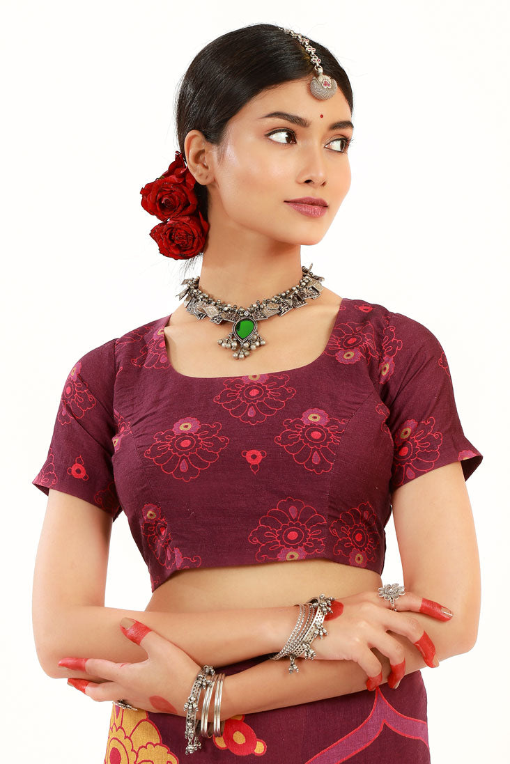 Wine kalamkari floral blouse