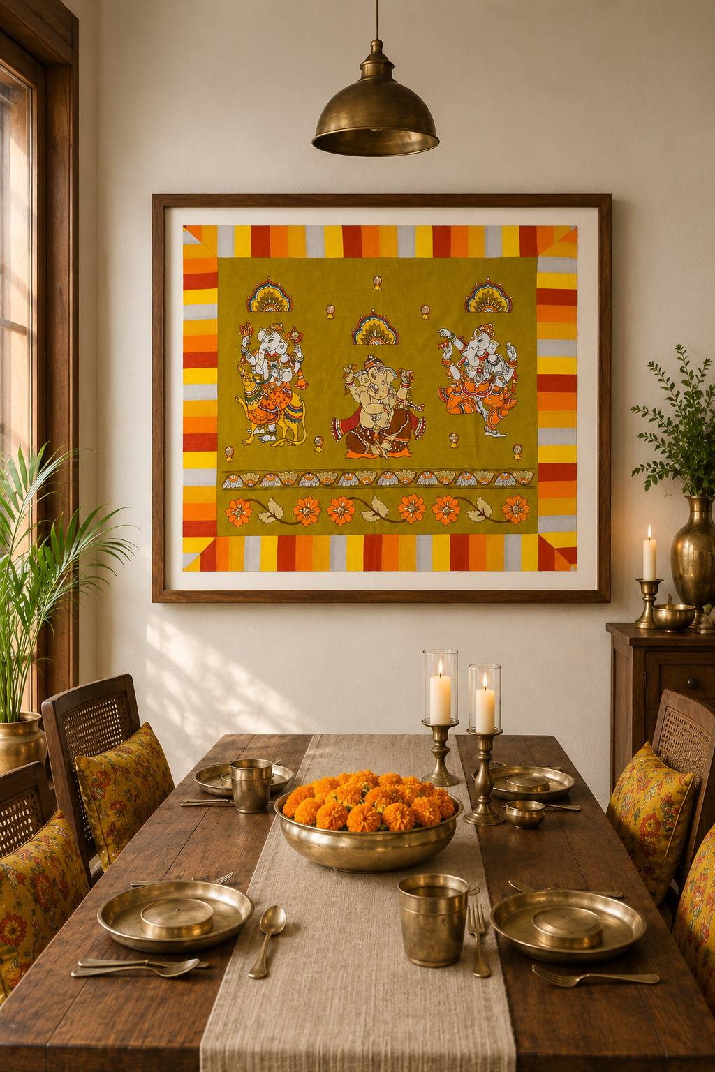 GAJAPATI GREEN FABRIC WALL ART