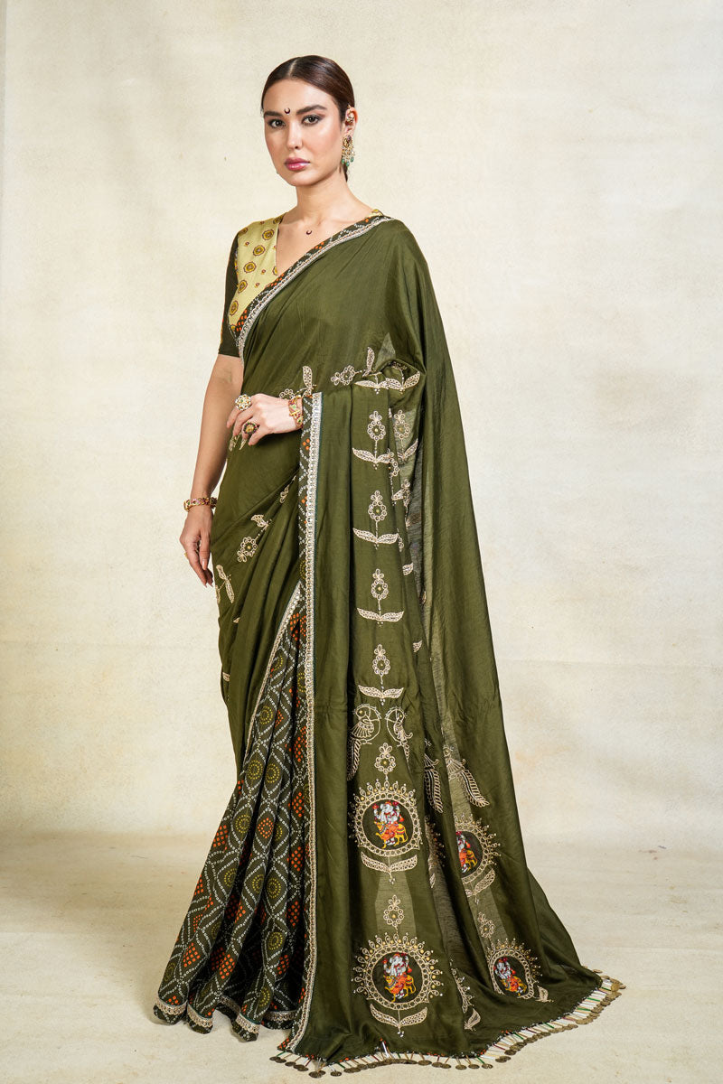 MITHU-GAJANAN GREEN EMBROIDERED SAREE