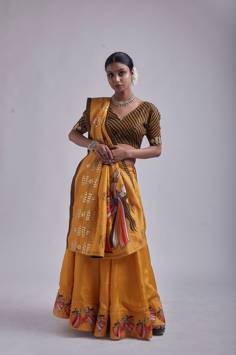 Ochre Jhoola Lehenga (set of 3)